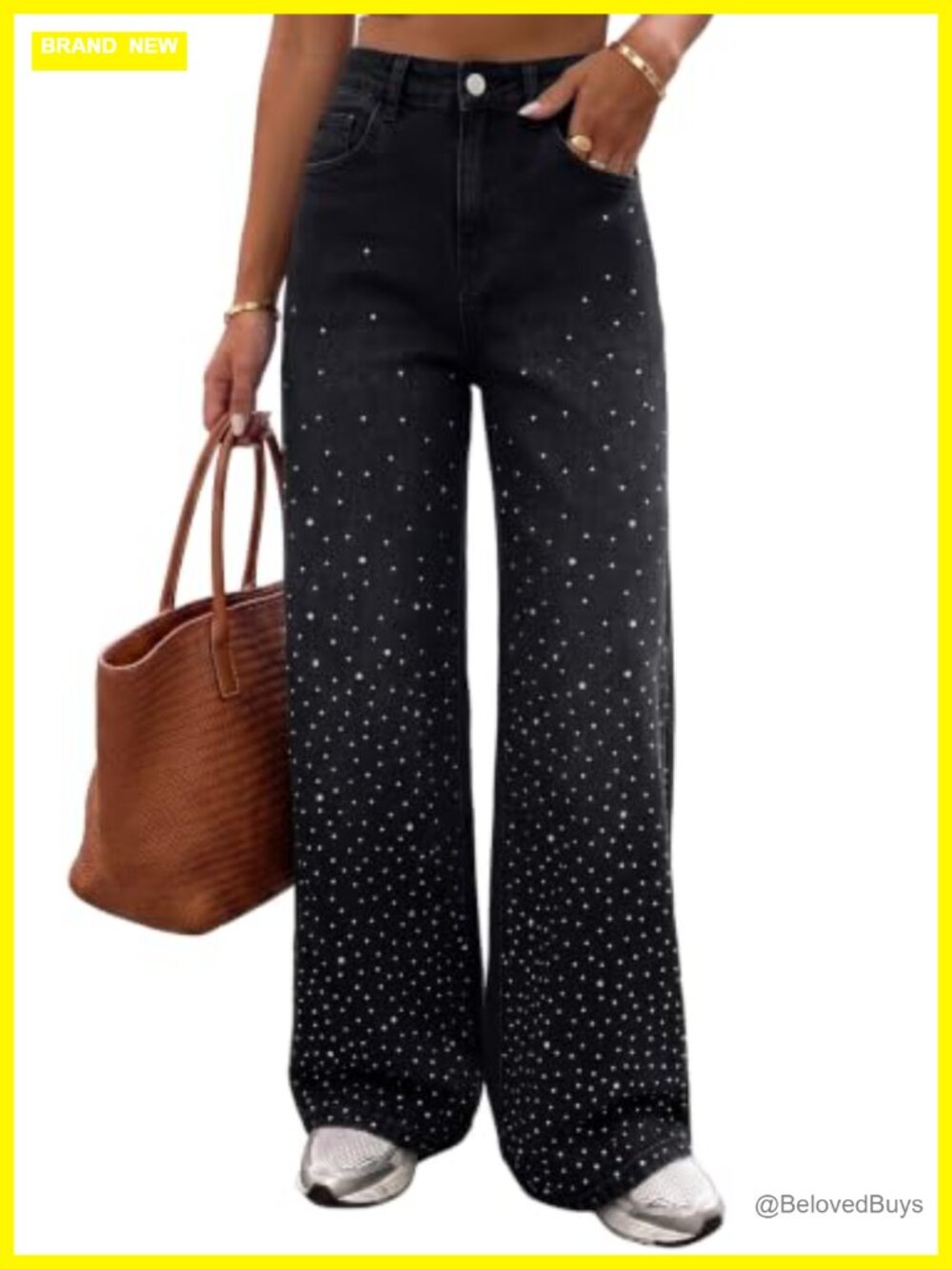 Dokotoo Womens Stretchy Wide Leg Jeans Rhinestone Trendy Denim Pants